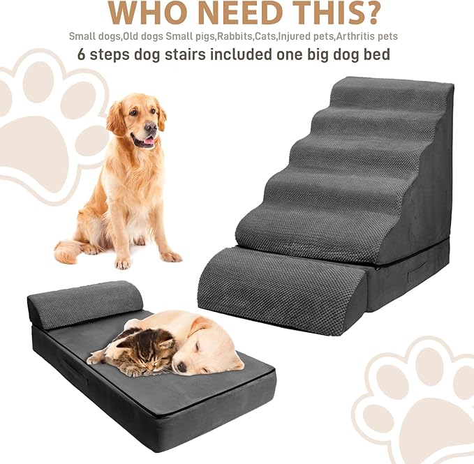 Dog Stairs for High Beds 30-36 inches Tall, 6-Step Pet Stairs/Steps for High Bed 32-36 inches for Small Large Dogs, Foam Dog Steps for Beds for Old Dogs/Cats, Dark Grey
