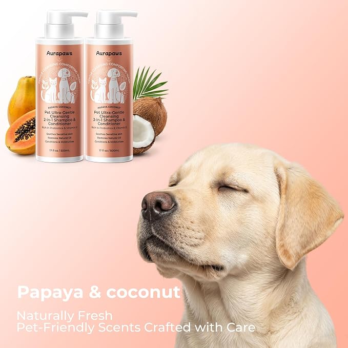 Probiotic Dog Shampoo and Conditioner, Puppy Shampoo for Sensitive Skin, Itchy Skin Relief with Ceramides NP&Vitamin E,Deodorizes & Paraben Freefor All Breeds, Papaya Coconut, 17 oz, Set 2