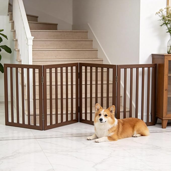 Dog Gate Indoor, Freestanding Dog Fence for The House, Doorways, Hallways,or Stairs,Pet Gate Foldable Wooden,Expandable 24" Height 4 Panels,Brown