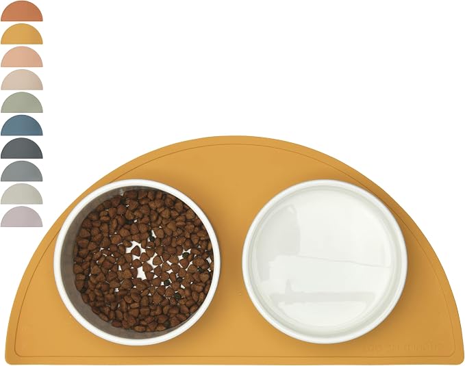 Should We Go? Waterproof Silicone Dog Food Mat – Medium Size Non-Slip Pet Bowl Mat, Raised Edge Design, Easy-to-Clean Pet Food Placemat for Dog & Cat Bowls, 21" Across x 10.5" Deep - Honey