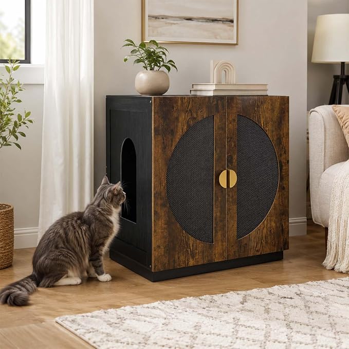 unipaws Extra Large Cat Litter Box Enclosure for Self-Cleaning & Automatic Litter Boxes, Tall Cabinet with Charging Station, Wooden Dog Proof Hidden Cat House for Top Entry Litter Box