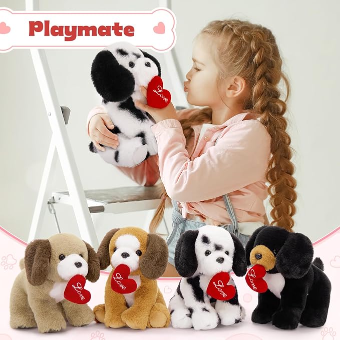 Muiteiur 4 Piece Love Dog Stuffed Animals, 8 Inch Valentines Dog Plush Bulk with Heart, Soft Puppy Plush Toys for Girlfriend Kids, Gift for Girls Kids