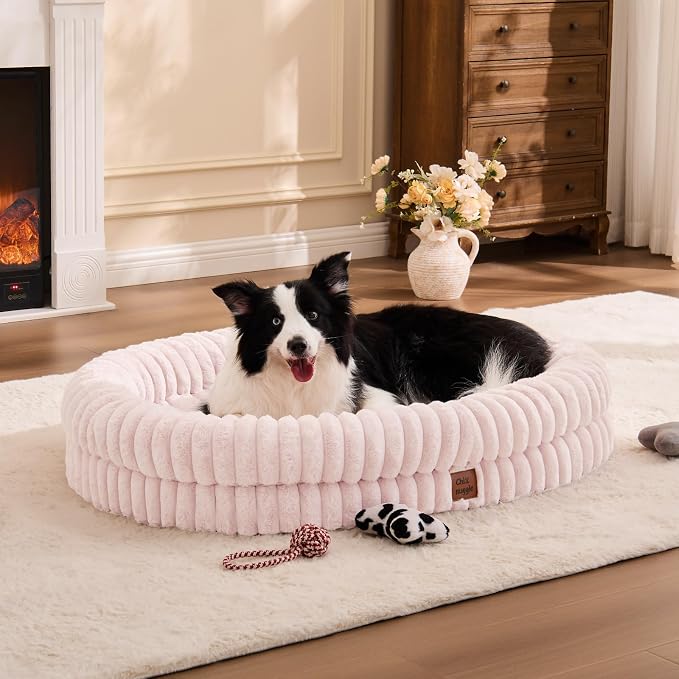 ChiXnuggle Orthopedic Dog Bed for XL Dogs, Waterproof Faux Rabbit Fur Dog Couch with Egg Crate Foam Support and Washable Removable Cover, Bolster Pet Sofa with Non-Slip Bottom, 41x30x7, Pink