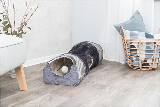 Trixie Cuddly Condos and Tunnel for Cats - Indoor Cat Furniture with Play Condos, Hideaway Tunnel, Dangling Cat Toys - Sisal Scratching Surface - Collapsible Design for Easy Storage, Gray