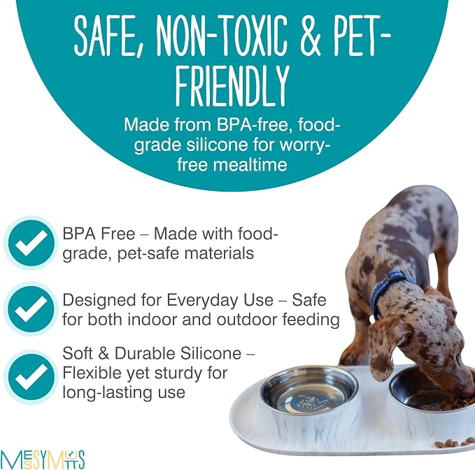 Messy Mutts Double Silicone Feeder with Stainless Bowls | Non-Skid Food Dishes for Dogs for All Pets | Dog Food Bowls | Large, 3 Cups Per Bowl | Marble