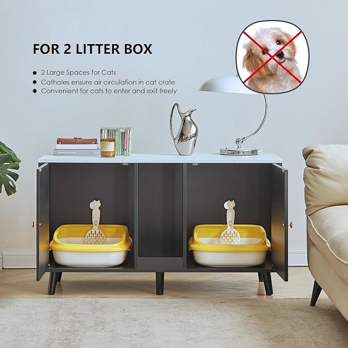 Litter Box Enclosure for Cats, Hidden Cat Litter Boxes Furniture with Cat Scratch Pad, Indoor Pet House with Double Room, Wooden TV Stand Side Table, Black