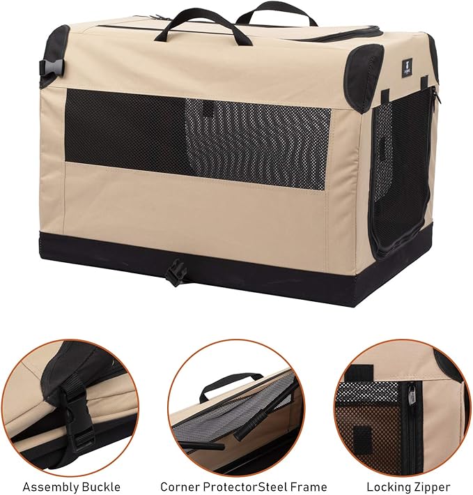 X-ZONE PET 3-Door Portable Soft-Sided Folding Soft Dog Travel Crate Collapsible Pet Kennel,Large, Tan, 32 x 23 x 23 Inches