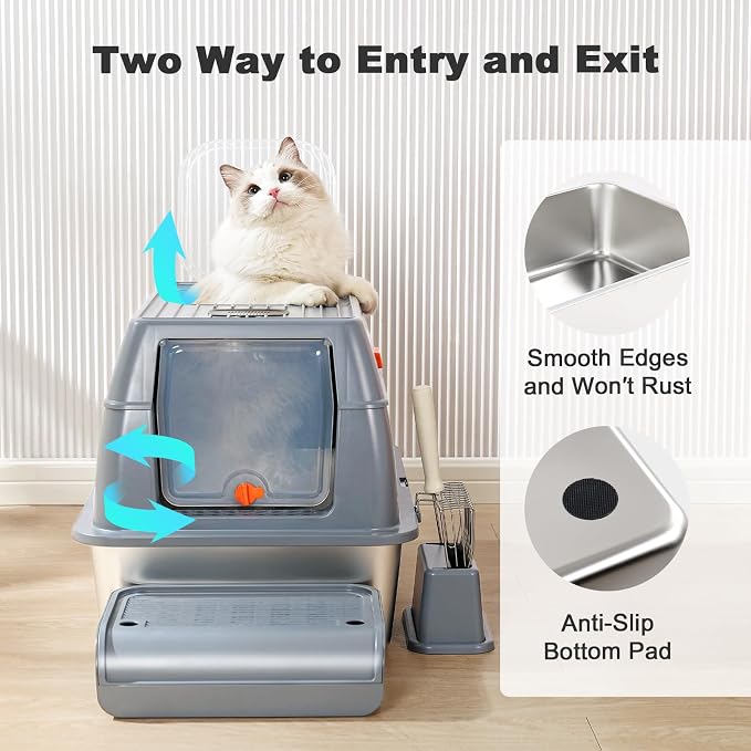 Stainless Steel Extra Large Covered Litter Box with High Sides Enclosed Lid for Big Tall Multiple Indoor Cat,Deep Metal,Jumbo Hooded,Low Entry Design for Dog Proof,Odor Control,Easy Clean,No Mess