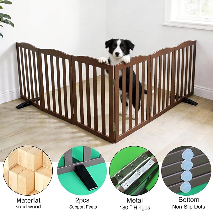 ZJSF Foldable Freestanding Indoor Dog Gate for House Wood Long Pet Gates Dog Fence for Stairs Puppy Gates for Hallways, Puppy Gate,Support Feet Included, Brown, 24 "Height-6 Panels