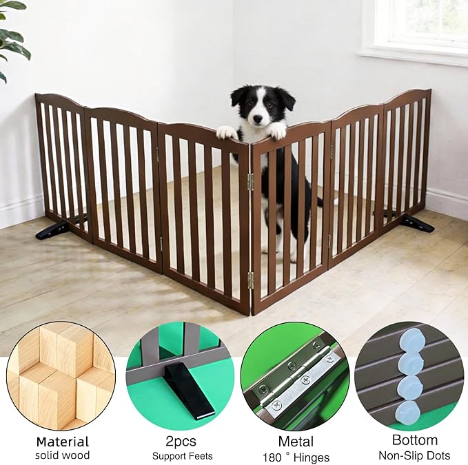 ZJSF Foldable Freestanding Indoor Dog Gate for House Wood Long Pet Gates Dog Fence for Stairs Puppy Gates for Hallways, Puppy Gate,Support Feet Included, Brown, 32 "Height-6 Panels