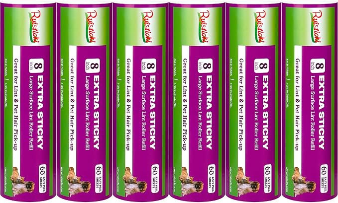 8 inch Large Lint Roller Refills Compatible with Scotch-Brite Pet Hair Pickup Extra Sticky Large Lint Roller 60 Sheets per Refill Pack of 6 Rolls 360 Easy-Tear Adhesive Sheets Total