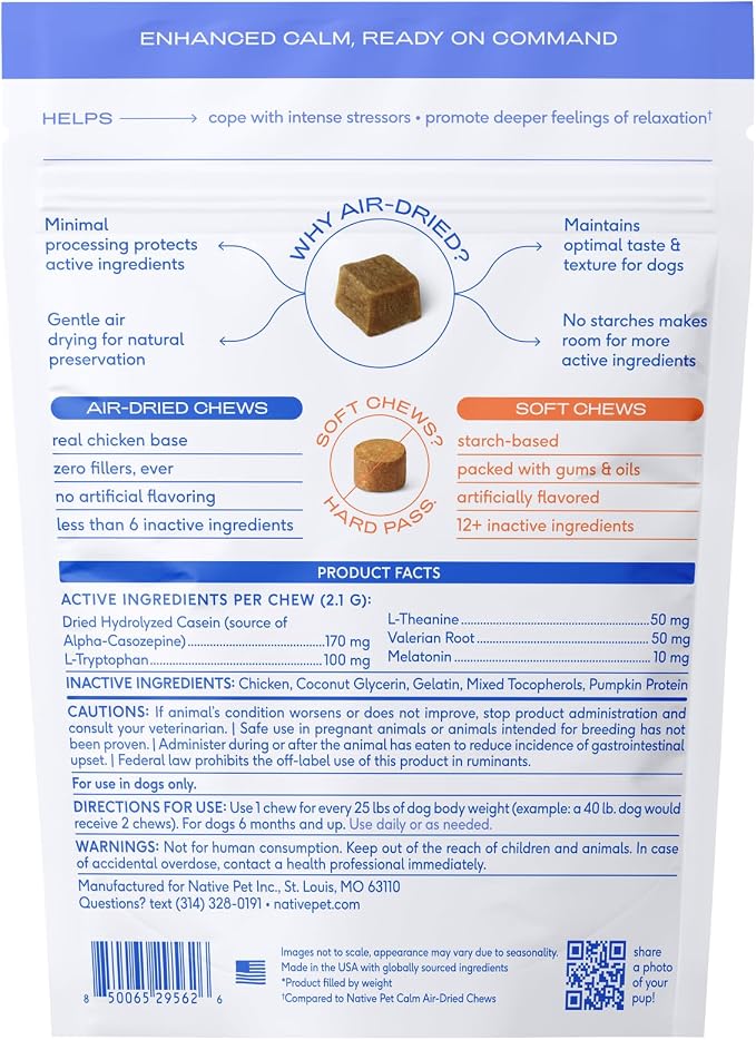 Native Pet Advanced Calming Chews for Dogs - Anxiety Relief, Stress, Separation, Travel & Sleep Support with Melatonin for Dogs, Hydrolyzed Casein, Valerian Root & L-Tryptophan -120 Chews