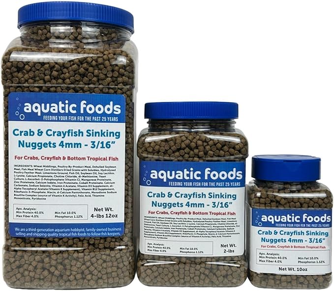 Crab & Crayfish 4mm-3/16 Sinking 40% Protein Nuggets for Crabs, Crayfish, Axolotl, Salamanders, Snails, All Bottom Tropical Fish...2-lbs Jar