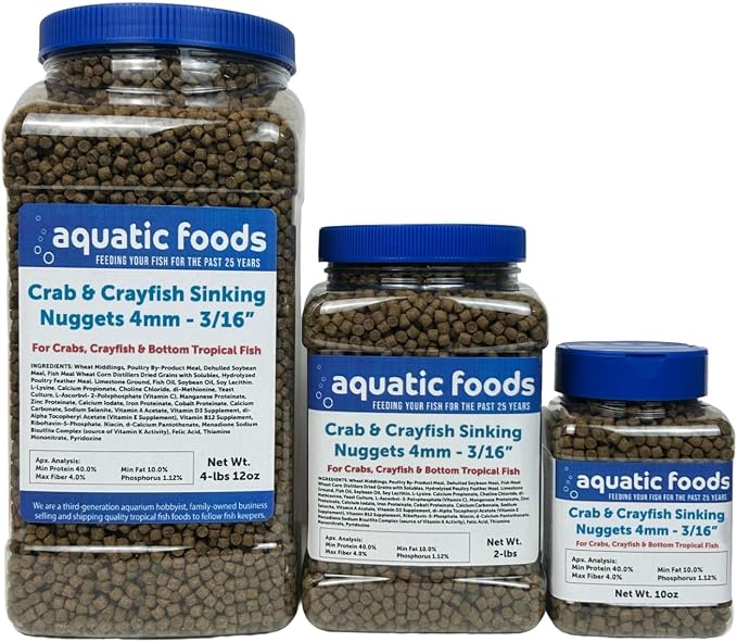 Crab & Crayfish 4mm-3/16 Sinking 40% Protein Nuggets for Crabs, Crayfish, Axolotl, Salamanders, Snails, All Bottom Tropical Fish...10oz Jar