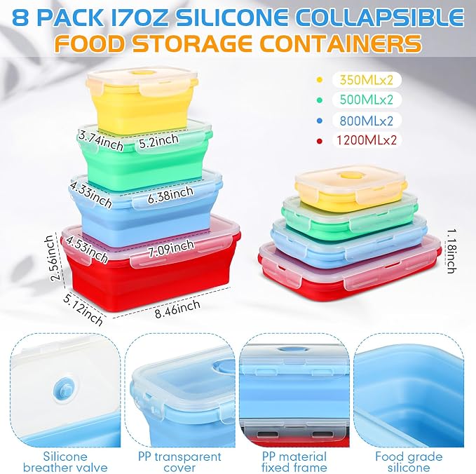 Mifoci Set of 8 Silicone Collapsible Bowls for Camping with Vent Lid Silicone Storage Containers for Food Meal Preparation Square Bowl Microwave Freezer Dishwasher Safe(Vibrant Color,Assorted Sizes)