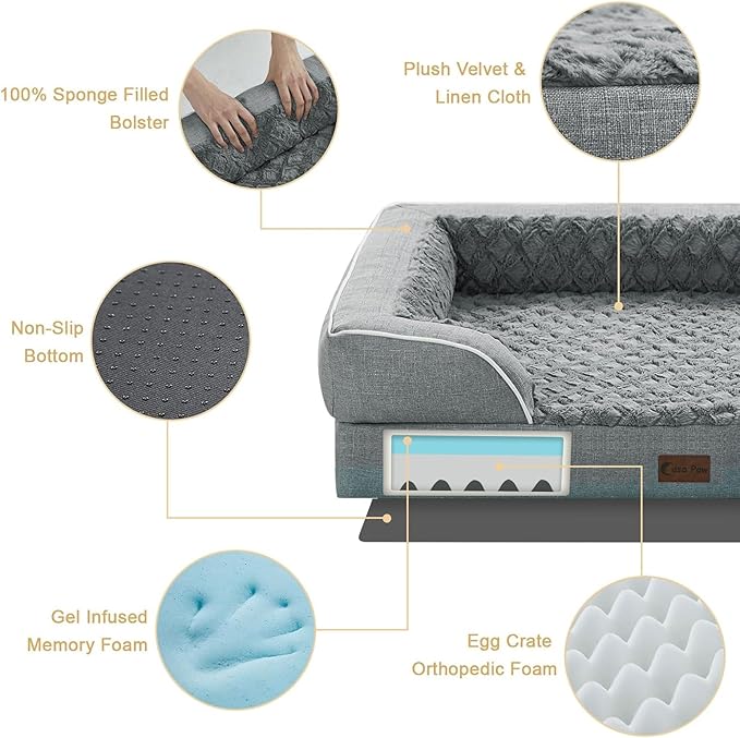 Orthopedic Dog Beds for Large Medium Sized Dogs 36x27 Inch, Medium Waterproof Memory Foam Dog Sofa Bed with Removable Washable Cover Pet Couch with Bolster, Grey
