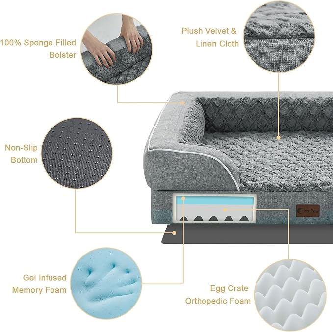 Orthopedic Dog Beds for Extra Large Sized Dogs 42x30 Inch, XL Waterproof Egg Crate Foam Dog Sofa Bed with Removable Washable Cover Big Pet Couch with Bolster & Non-Slip Bottom, Grey