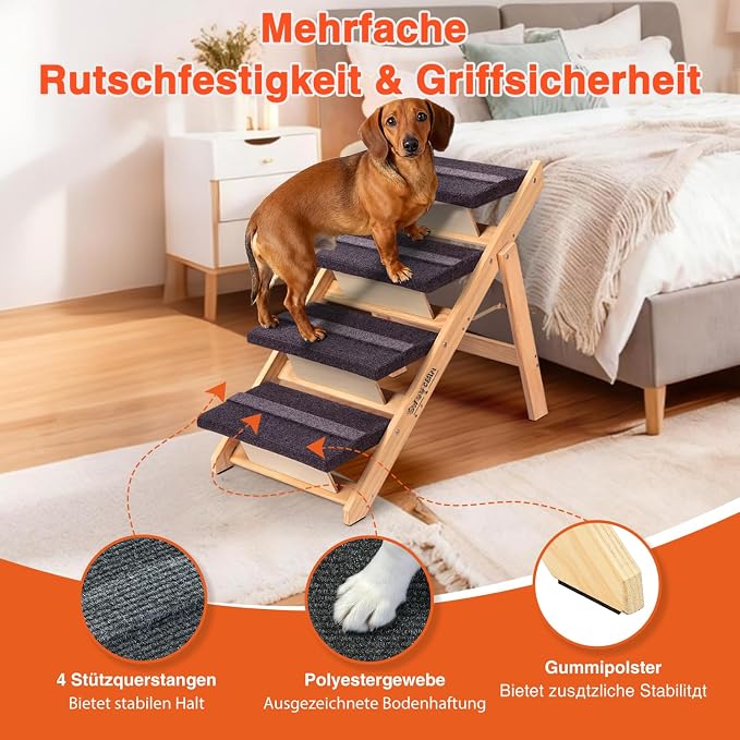 Wooden Dog Stairs& Dog Steps, 2-in-1 Foldable Dog Steps for High Beds, Couch and Cars, Anti-Slip Pet Ramp with 4 Steps Indoor Pet Stairs for Small Medium Large Older Pet Cats up to 150lbs