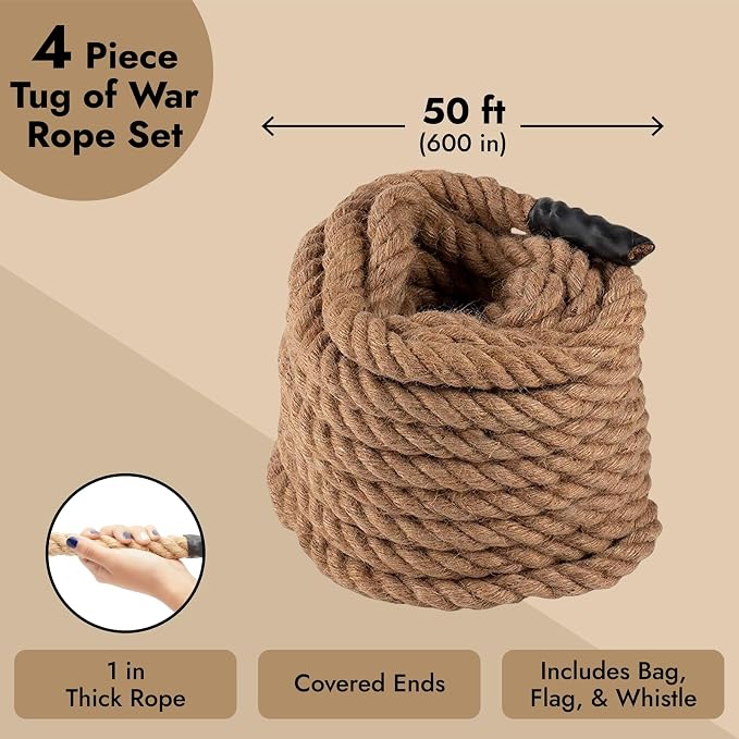 BLUE PANDA Field Day Tug of War Rope - 50 ft Brown Jute - Team Building Activity & Summer Camp Outdoor Rope with Flag & Whistle for Relay Race, Sack Race & Obstacle Course for Adults