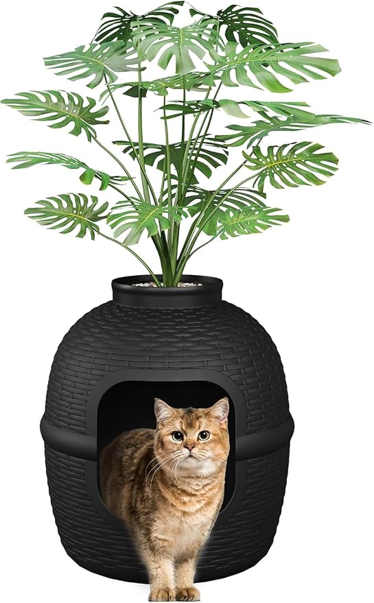 Wisteria Lane Cat Litter Box, Hidden Enclosure with Faux Plant & Rattan Pattern, Cat Bed & Litter Box 2-in-1, Heavy Duty PP Litter Box Enclosure for Living Room, Bedroom, Corner, Laundry Room, Black