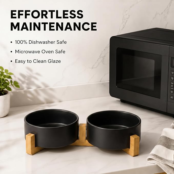 SPUNKYJUNKY Ceramic Dog and Cat Bowl Set with Wooden Stand, Modern Cute Weighted Food Water Set for Small Size Dogs (13.5OZ) & Medium Sized Dogs (28.7OZ) & Cats (1.7 Cups, 2 × Black)