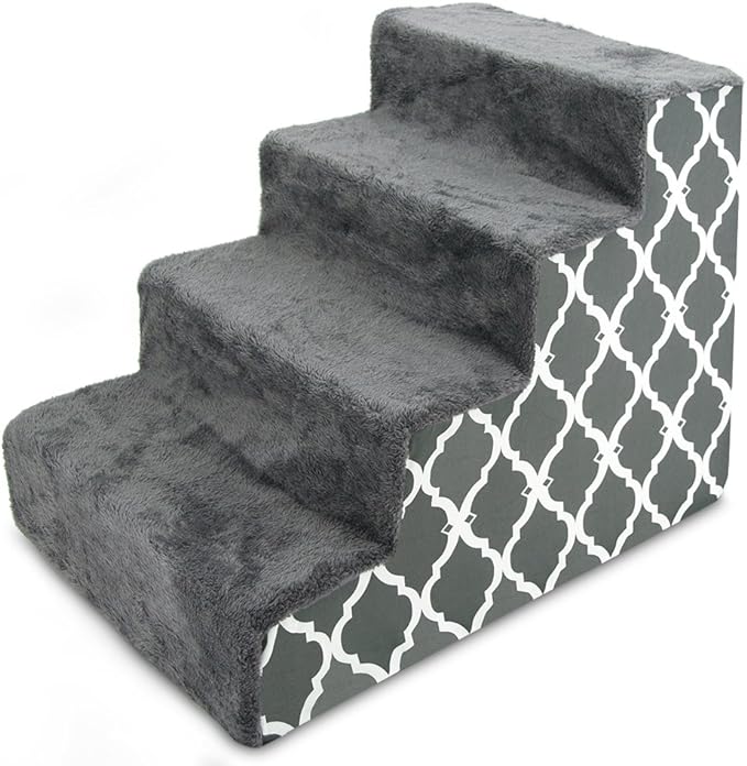 Best Pet Supplies Dog Stairs & Steps - Foam Steps for Small Dogs & Cats, Non-Slip Indoor Balanced Pet Step Support, Dog Ramp, No Assembly, Gray Lattice Print, 4-Step (18-inch Height)