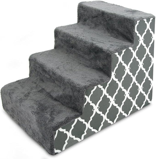 Best Pet Supplies Dog Stairs & Steps - Foam Steps for Small Dogs & Cats, Non-Slip Indoor Balanced Pet Step Support, Dog Ramp, No Assembly, Gray Lattice Print, 4-Step (18-inch Height)
