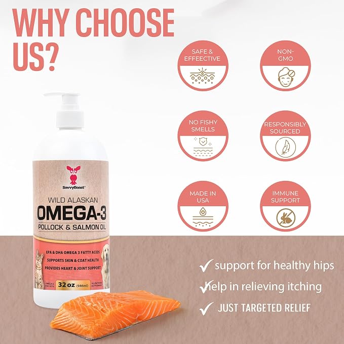 SavvyBeast Pollock & Salmon Oil for Dogs & Cats - Omega 3 Fish Oil Supplement with EPA & DHA - All-Natural Wild Caught Oil Supports Skin & Coat, Joint, Heart & Immune Health - Made in USA - 32 oz
