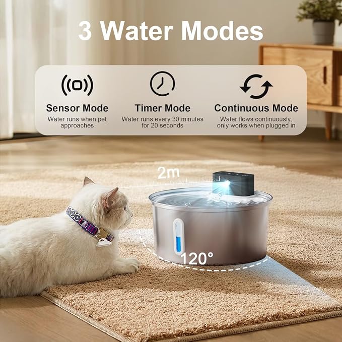 Casfuy PWL-008 Wireless Smart 3-Mode Stainless Steel Cat Water Fountain, 108-oz