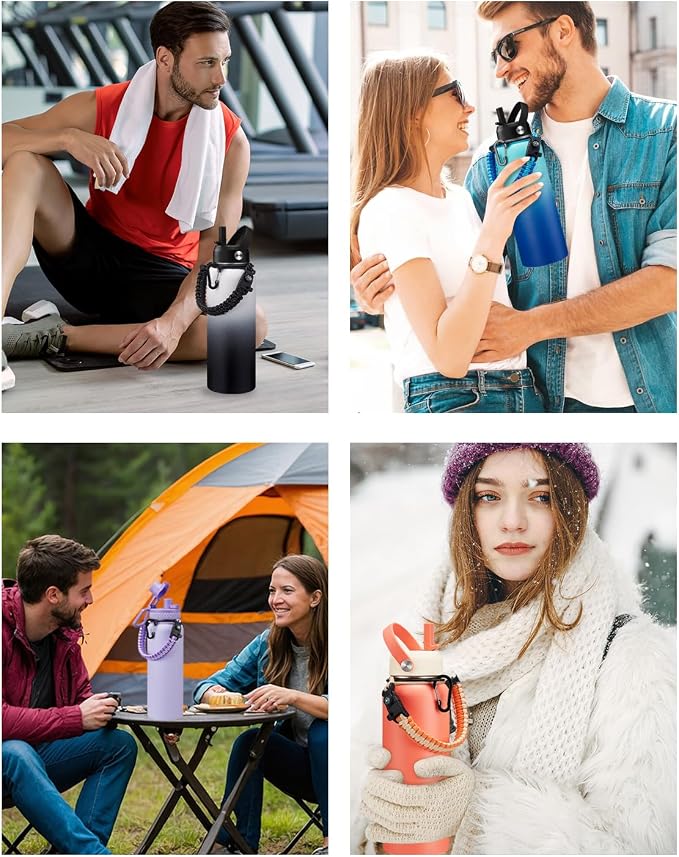 BENZZO Stainless Steel Water Bottle 40oz with Straw & Auto Spout Lids, Paracord Handle, Protective Boot, Insulated Water Bottle Carrier Bag, Keep Cold-48H & Hot-24H Metal Flask Canteen Bottle