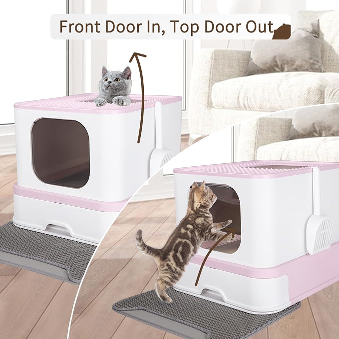 RIZZARI Stainless Steel Cat Box: Large Size for Cats Up to 45 lbs - Pink Covered Odor Control Enclosure with Easy Cleaning - Teflon Non-Stick Coating - Anti-Splash for Multi-Cat Homes & Apartments