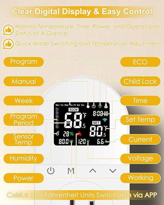 1300W Titanium Immersion Water Heater with Smart Digital Thermostat, Fully Submersible Electric Heater with Start/Stop Temperature Control, App Controlled for Bathtub Hot Tub Cattle Tank Bucket Pool
