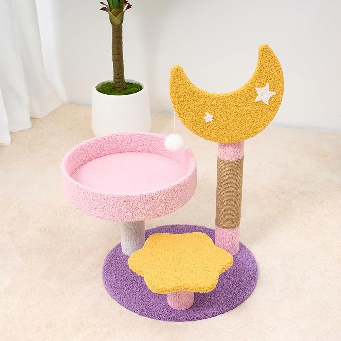 Small Cat Tree, Moon Star Cat Tree Built-in Scratching Post and Bed, 23.5 in Purple Pink Cute Kitten Tower Cozy Fluffy Kitten Condo for Indoor Activity