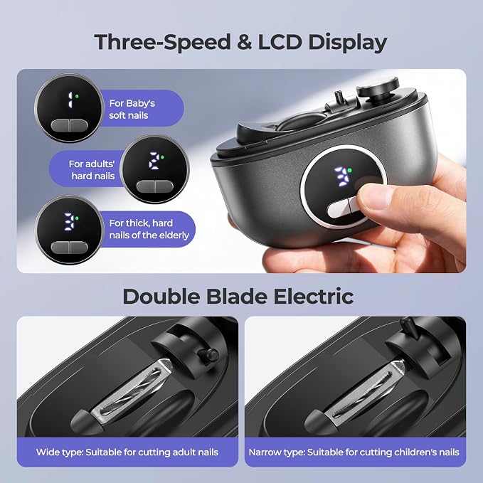 Electric Nail Clipper, 4-in-1 Improved Nail Clippers Set with LED Light & USB Rechargeable, 3 Speed Quiet & Nail Clip Storage for Baby Adults Seniors Thick Nails –Includes Oblique Nail Clippers (Grey)