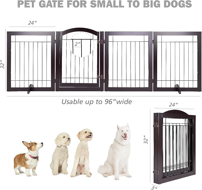 SPIRICH 96-inch Extra Wide 30-inches Tall Dog Gate with Door Walk Through, Freestanding Wire Pet Gate for The House, Doorway, Stairs, Pet Puppy Safety Fence, Support Feet Included(Espresso)