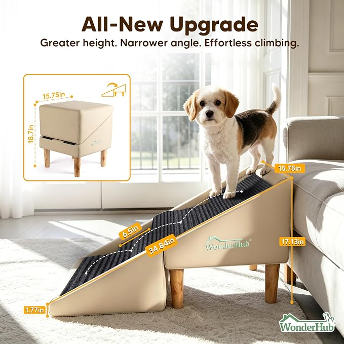 2-in-1 Foldable Dog Stairs & Ramp,Non-Slip, 17.13" H,(Light Beige) | For small, puppy, senior, and injured dogs – easy access to couch or bed