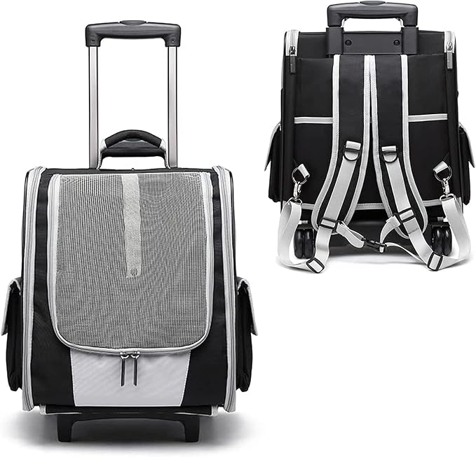 Pet Rolling Carrier,Foldable Cat Carrier Strollers Backpack Bag Puppy Dog Carrier Luggage with Wheels and Telescopic Handle for Cats Dogs Rabbits Kittens Puppies