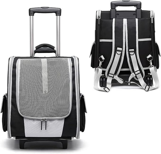 Pet Rolling Carrier,Foldable Cat Carrier Strollers Backpack Bag Puppy Dog Carrier Luggage with Wheels and Telescopic Handle for Cats Dogs Rabbits Kittens Puppies