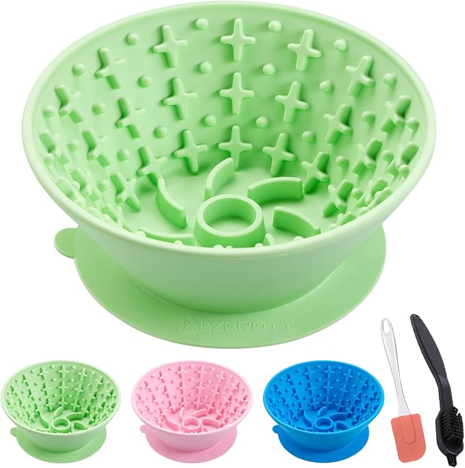 Dog Lick Bowl – Silicone Lick Mat for Dogs, Freezer-Safe, Slow Feeder, Non-Slip Base, Includes Brush & Scraper, Large Opening for Anxiety Relief & Oral Health, Ideal for Frozen Treats (Green)-Large