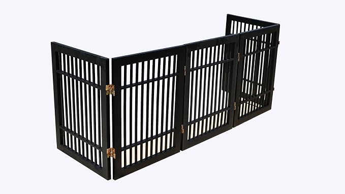Urnporium Pet Dog Gate Freestanding, Strong Durable Folding Wooden Fence, Portable Acacia Hardwood Safety Barrier for Indoor & Outdoor Use (Black Pet Gate, 5 Panel 24" Tall)