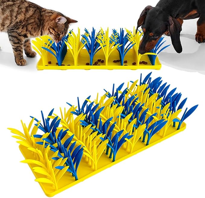 Silicone Grass Mat for Cats & Dogs, Snuffle Mat for Dogs Cats, Slow Feeder Dog Bowl, Interactive Sniff Foraging Mats for Dog Cat Pet, Nosework Training Foraging Pad- Blue & Yellow2