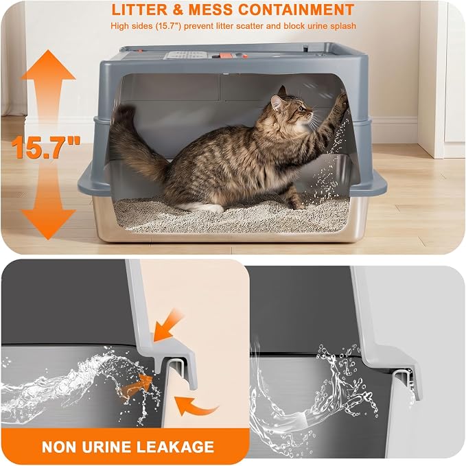 XLarge Stainless Steel Litter Box with Flip Top Lid, High Sided Enclosed Metal Cat Litter Pan, Dog Proof Odor Control Easy Clean, Includes Litter Mat & Scoop, Step Pedal, Carbon Filter, Gray-XL