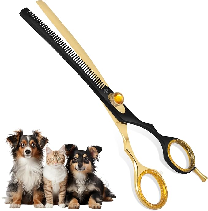 7.5” Curved Thinning Shears for Dogs and Cats – 34 Tooth Professional Pet Grooming Scissors – Smooth, Quiet Blending Shears for Face, Ears, Chest and Legs, Ergonomic Design for Home and Pro Use