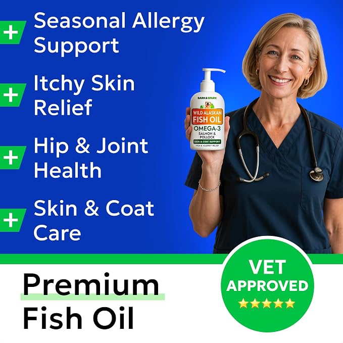 Bark&Spark Fish Oil for Dogs - Natural Omega-3 - Skin & Coat Support - Liquid Food Supplement for Pets - Natural EPA + DHA Fatty Acids for Joint Function, Immune & Heart Health 8oz - Salmon