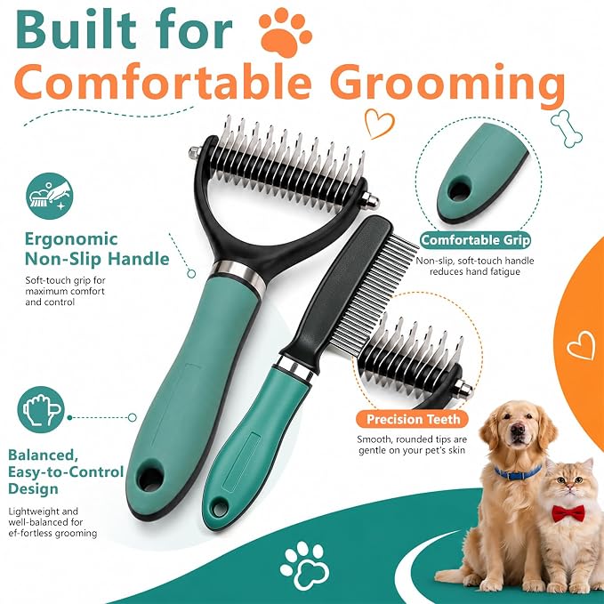 Dog Brush and Cat Deshedding Rake, Pet Grooming Tool for Shedding with Rounded Stainless Steel Teeth, Comfortable Grip for Long or Thick Coats (Green with Comb)