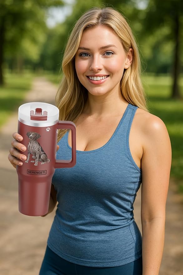 E&S Pets SERENGETI 40 Oz Ultimate Tumbler with Handle and Straw - Vacuum Insulated Tumbler with Straw and Lid - Stainless Steel Travel Mug for Pet Lovers - 3D Printing (German Shorthaired Pointer)