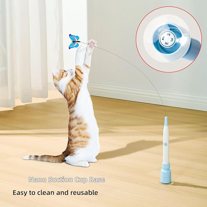 Electric Butterfly Cat Wand for Indoor Cats, 360 Spinning Self-Play with 2 Modes & Tap-to-Awake, Rechargeable Cleanable Suction Base, 3 Butterfly Refills, Interactive Cat Toy (A-Blue)