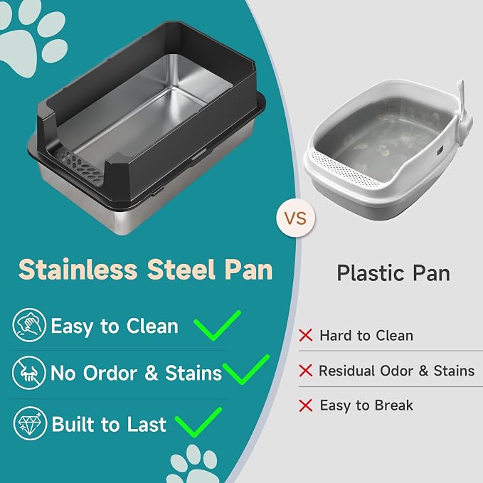 TENTIZON Stainless Steel Cat Litter Box with Lid, Large Covered Enclosed Kitty Litterbox with Hood, Flip Top, High Side, Litter Mat, Scoop for Big Cats, Kitten, No Odor, No Mess, Easy Clean, Black