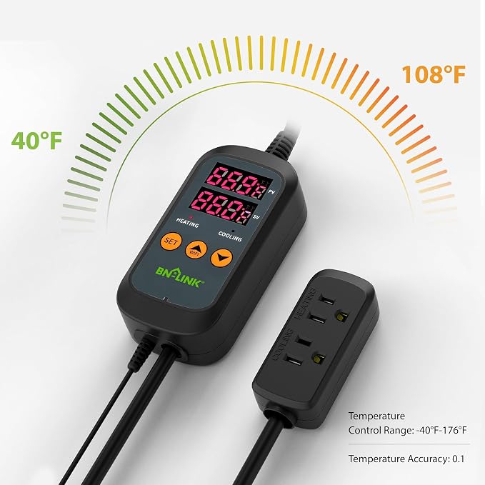 BN-LINK Smart WiFi Digital Temperature Controller Heating Cooling, Works with Alexa and Google Home. For Reptiles Aquarium Carboy Homebrew Breeding Fermenter Seed Germination °C/°F -40-176°F 15A/1875W