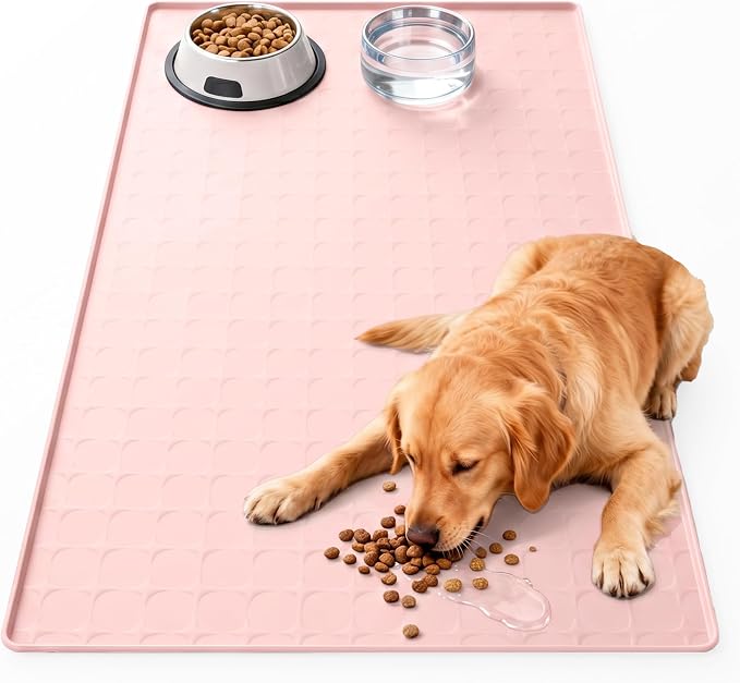 Extra Large 34x22 Inch Machine Washable Silicone Pet Food Mat - Waterproof Dog & Cat Bowl Mat with Raised Edge, Non-Slip Floor Protector for Large Dogs, Multi-Pet Homes (Pink)